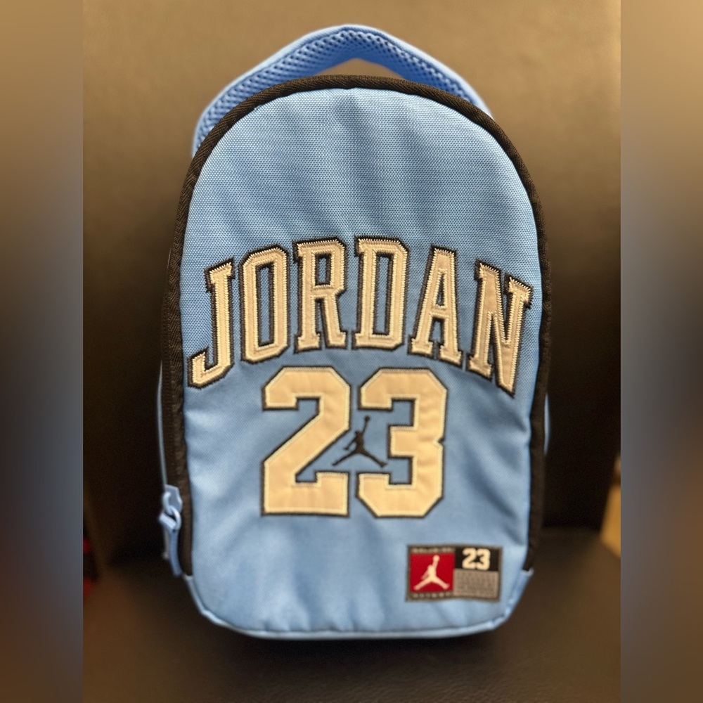 Jordan Sky Blue Backpack style insulated lunch box with Black Accents